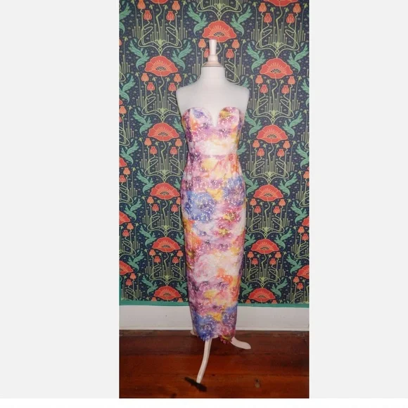 Belle Badgley Mischka Stella Rainbow Pastel Strapless Lace Long Dress Nwt 8